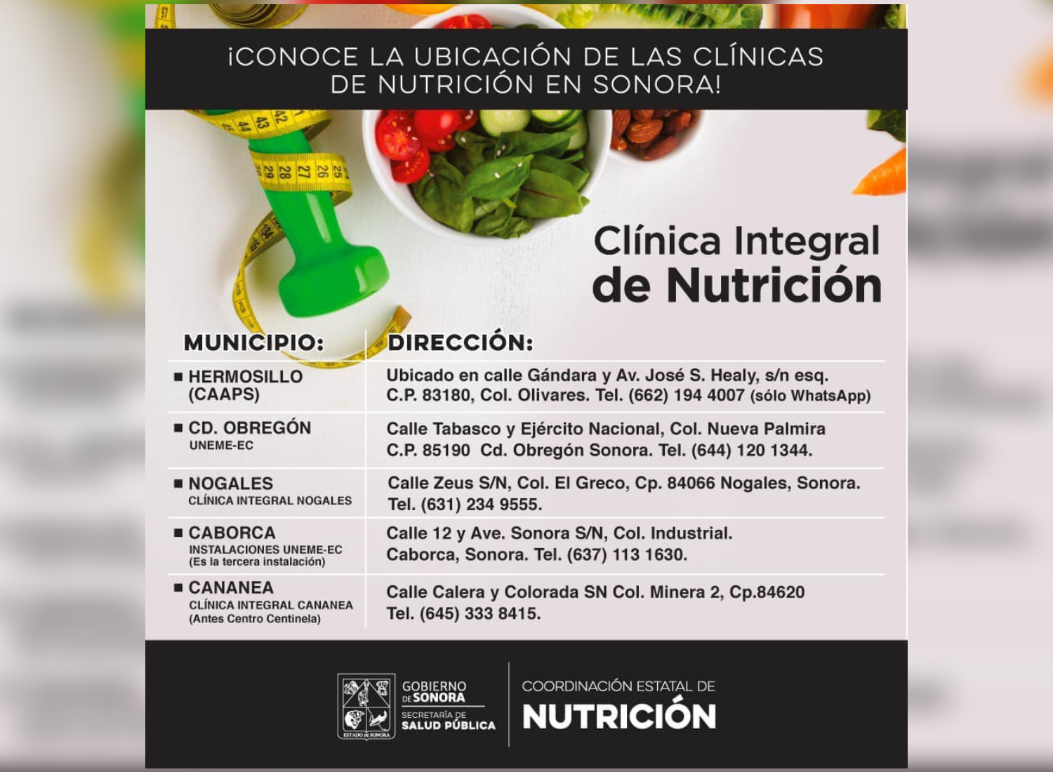 El estado de Sonora cuenta con cinco Clínicas Integrales de Nutrición